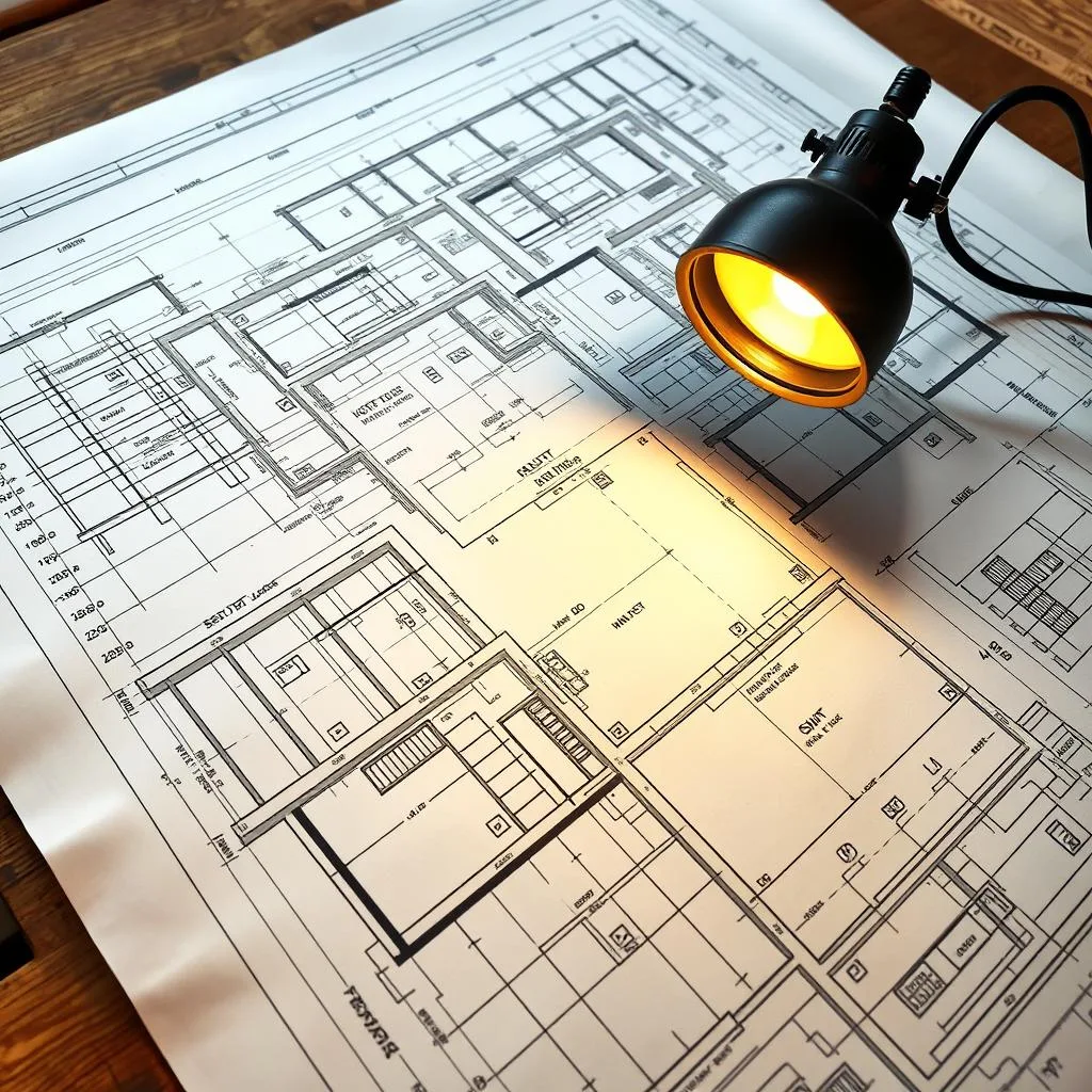 Detailed cabin blueprints, intricate floor plans sprawled across a drafting table. Meticulously rendered joists, beams, and wall studs in crisp, technical lines. Precise dimensions, measurements, and annotations provide valuable insights. A focus lamp casts a warm, focused glow, illuminating the blueprint's nuanced details. The overall scene evokes a sense of thoughtful design and resourceful planning, capturing the essence of transforming a cabin vision into tangible reality.