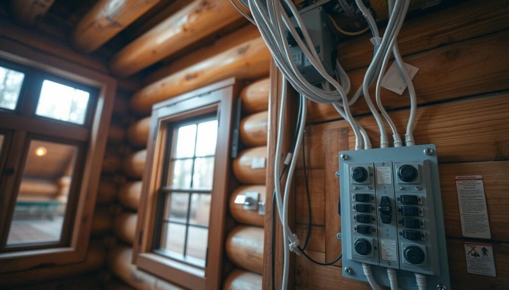 Detailed close-up of a rustic wooden cabin interior, showcasing the electrical wiring and distribution panel installation. The scene is well-lit with a combination of warm, natural lighting from windows and focused task lighting illuminating the wiring and panel. The wiring is neatly routed through conduits and secured with cable clips, adhering to local electrical codes. The distribution panel features clearly labeled breakers and a clean, organized layout. The overall atmosphere conveys a sense of technical proficiency and attention to safety within the cozy cabin setting.