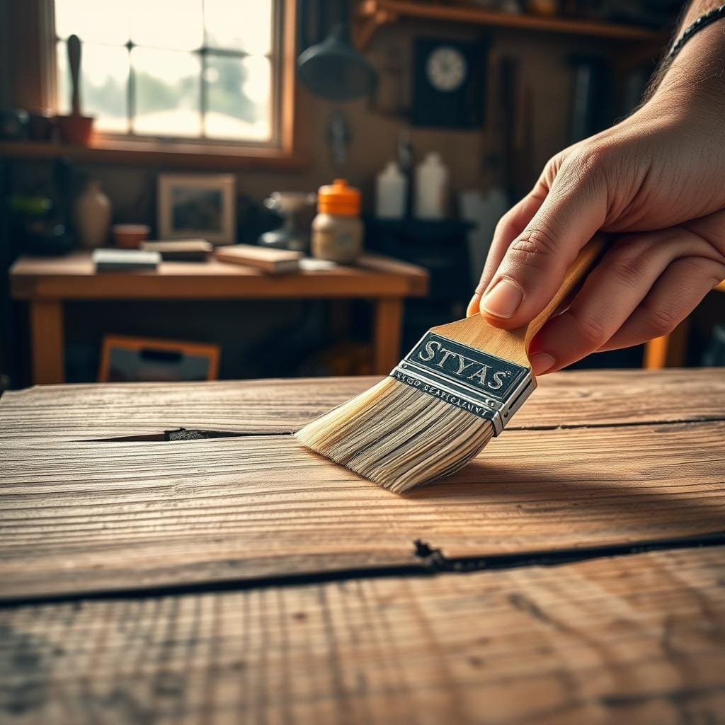 Detailed close-up shot of an expert's hand applying wood sealant to a weathered wooden surface using a high-quality bristle brush. Smooth, even strokes in the foreground, with a sharp focus on the brush's bristles and the sealant's texture. The wooden surface fills the middle ground, showcasing the grain and subtle imperfections. In the background, a well-lit workshop environment with carefully organized tools and supplies, conveying a sense of professionalism and expertise. Warm, natural lighting illuminates the scene, casting subtle shadows and highlighting the tactile nature of the application process. The overall mood is one of skill, precision, and dedication to preserving the integrity of the wood.
