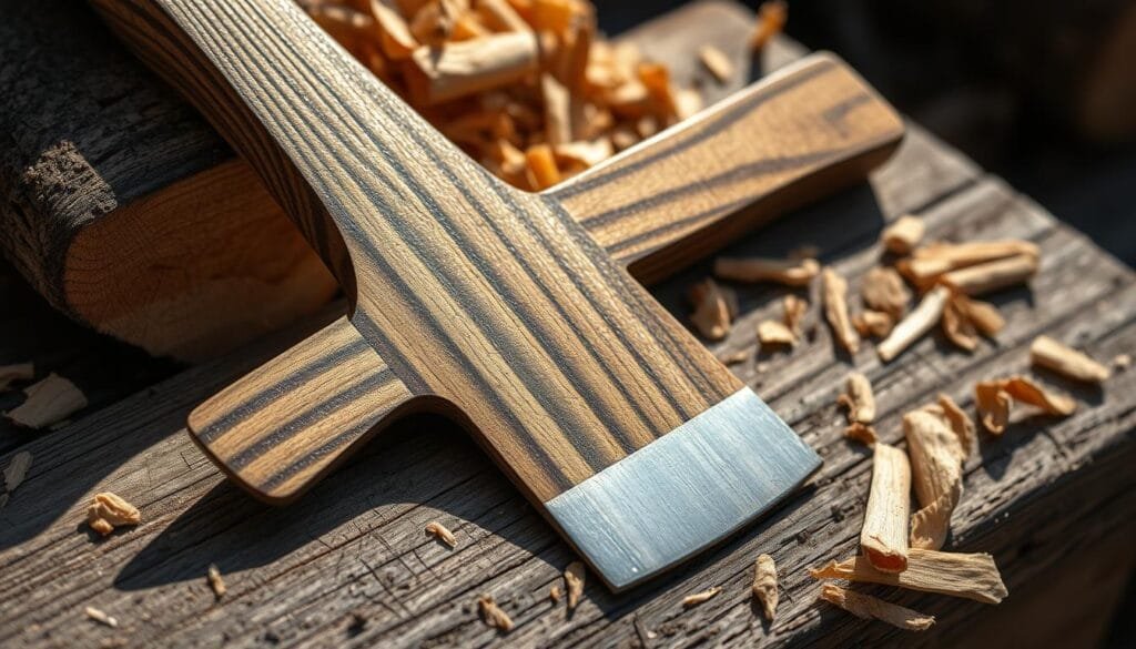 Detailed close-up view of a traditional adze for hewing logs, made of high-quality hardwood with a sharpened steel blade. The adze is resting on a weathered wooden surface, surrounded by freshly hewn wooden chips and shavings. Bright natural lighting casts dramatic shadows, accentuating the tool's intricate grain patterns and the razor-sharp cutting edge. The overall atmosphere evokes the artisanal craft of log cabin construction, with a sense of rugged utility and timeless functionality.