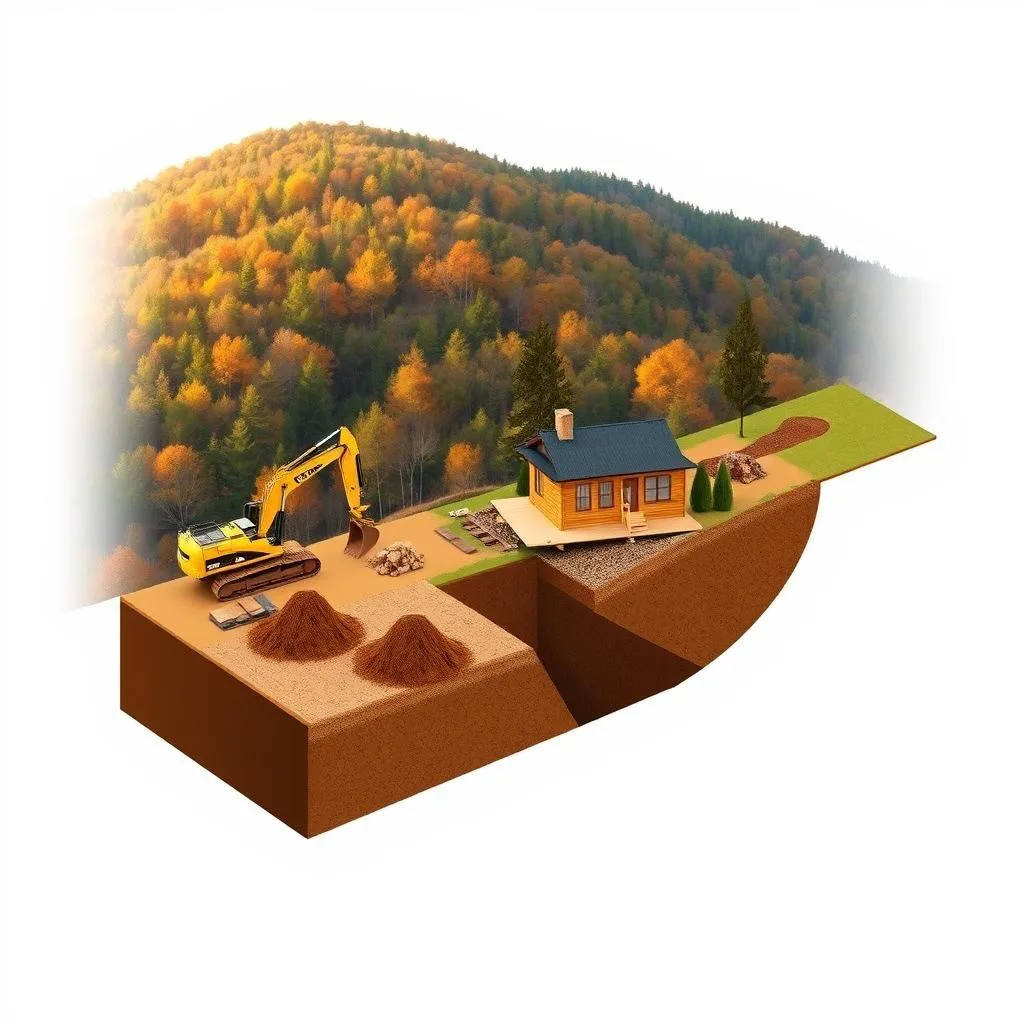Detailed cross-section illustration of a hillside cabin construction site, showcasing the cut and fill grading method. In the foreground, an excavator levels the ground, with piles of excavated soil visible. The middle ground depicts the cabin's foundation, partially embedded into the hillside, highlighting the balanced earth movement. The background features a lush, wooded hillside landscape, bathed in warm, natural lighting, creating a serene and tranquil atmosphere. The scene is captured from a slightly elevated, three-quarter angle, providing a comprehensive view of the grading process and the cabin's integration into the sloped terrain.