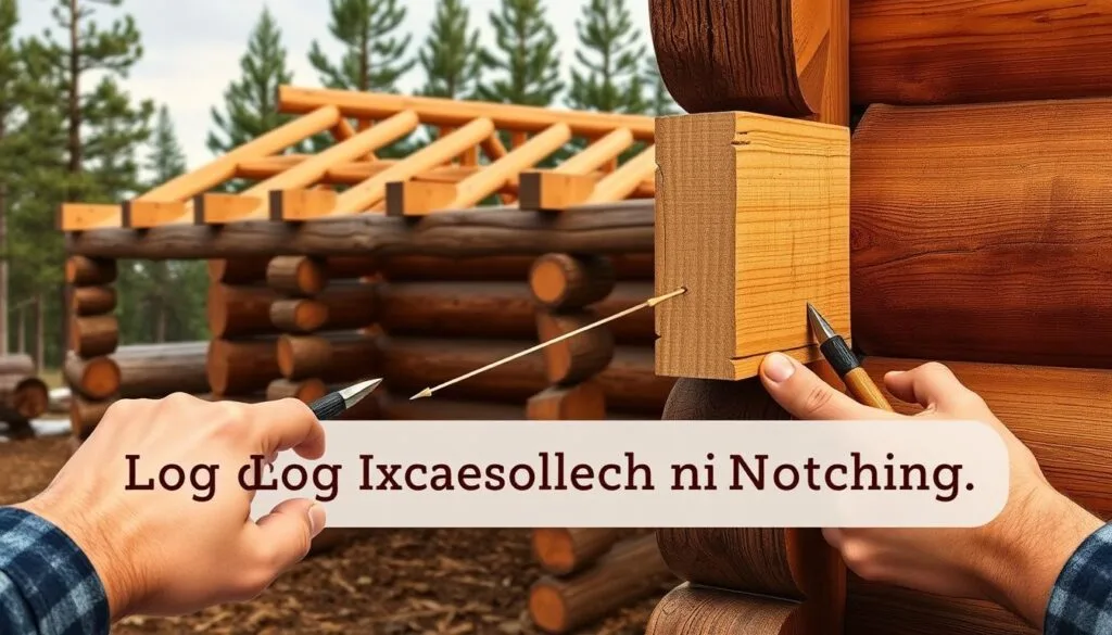Detailed illustration of traditional log cabin saddle notch corner notching technique. Foreground shows craftsman's hands demonstrating the intricate notching process, using a sharp hand tool. Middle ground features a partially assembled log cabin structure, with visible corner joints. Background depicts a rustic, natural setting - weathered timber, pine trees, and soft ambient lighting. Conveys the skill and precision required for this time-honored woodworking method, essential for constructing sturdy, long-lasting log cabin walls. Detailed illustration of traditional log cabin saddle notch corner notching technique. Foreground shows craftsman's hands demonstrating the intricate notching process, using a sharp hand tool. Middle ground features a partially assembled log cabin structure, with visible corner joints. Background depicts a rustic, natural setting - weathered timber, pine trees, and soft ambient lighting. Conveys the skill and precision required for this time-honored woodworking method, essential for constructing sturdy, long-lasting log cabin walls.