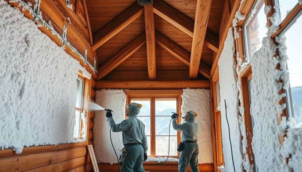 Detailed interior scene of a rustic cabin, with spray foam insulation being applied to the walls. Crisp lighting from large windows illuminates the textured foam being sprayed onto the wooden frame, creating a seamless layer of insulation. Workmen in protective gear carefully coat the surfaces, capturing the precision of the application process. The background features exposed beams, natural wood paneling, and a glimpse of the picturesque landscape outside, conveying the cozy, insulated atmosphere of a well-insulated mountain retreat.