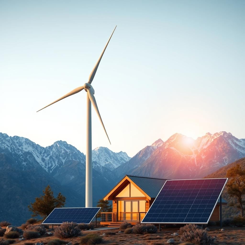 Detailed rendering of a hybrid wind and solar energy system set against a mountainous landscape. In the foreground, a modern wind turbine stands tall, its blades gently rotating in a soft breeze. Beside it, a sleek, angular solar panel array captures the sun's rays, seamlessly integrated into the design. The middle ground features a small, off-grid cabin nestled between the renewable energy sources, its warm lighting casting a cozy glow. In the background, rugged mountains rise, their peaks dusted with snow, creating a picturesque and serene setting. The scene is illuminated by a golden, late afternoon sun, casting long shadows and a warm, inviting atmosphere. Emphasis on the harmonious integration of wind and solar technologies to power remote, sustainable living. Detailed rendering of a hybrid wind and solar energy system set against a mountainous landscape. In the foreground, a modern wind turbine stands tall, its blades gently rotating in a soft breeze. Beside it, a sleek, angular solar panel array captures the sun's rays, seamlessly integrated into the design. The middle ground features a small, off-grid cabin nestled between the renewable energy sources, its warm lighting casting a cozy glow. In the background, rugged mountains rise, their peaks dusted with snow, creating a picturesque and serene setting. The scene is illuminated by a golden, late afternoon sun, casting long shadows and a warm, inviting atmosphere. Emphasis on the harmonious integration of wind and solar technologies to power remote, sustainable living.