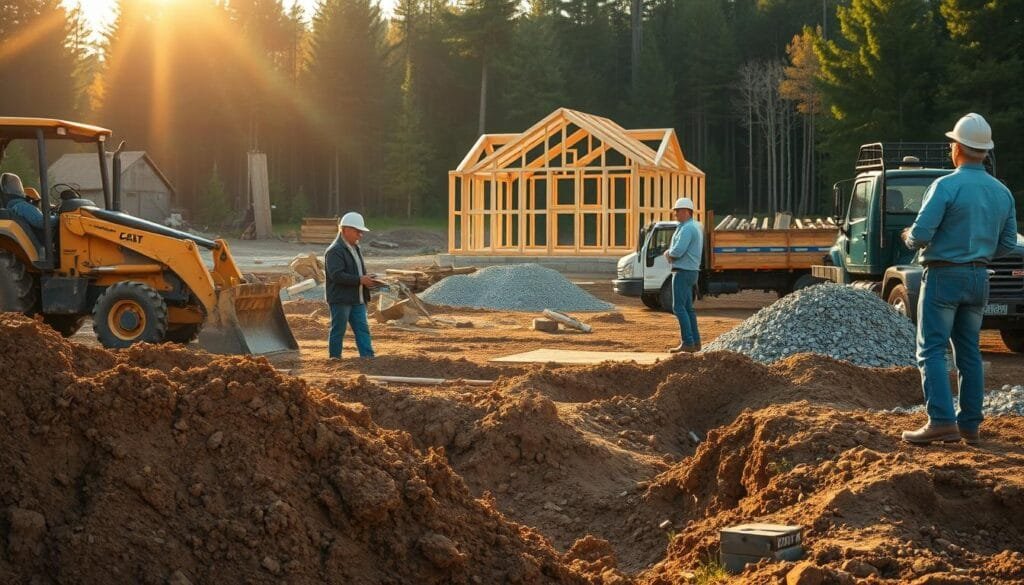 Detailed site preparation and soil testing scene: A construction site with heavy machinery, workers in hard hats, and exposed earth. In the foreground, a backhoe digs into the ground, revealing rich, loamy soil. Nearby, a surveyor examines soil samples, clipboard in hand. In the middle ground, a truck offloads gravel, ready for foundation work. In the background, a cabin frame stands partially erected, surrounded by lush forest. Warm, golden sunlight filters through the trees, casting long shadows across the scene. The overall mood is one of diligent preparation, as the team ensures a solid foundation for the future cabin.