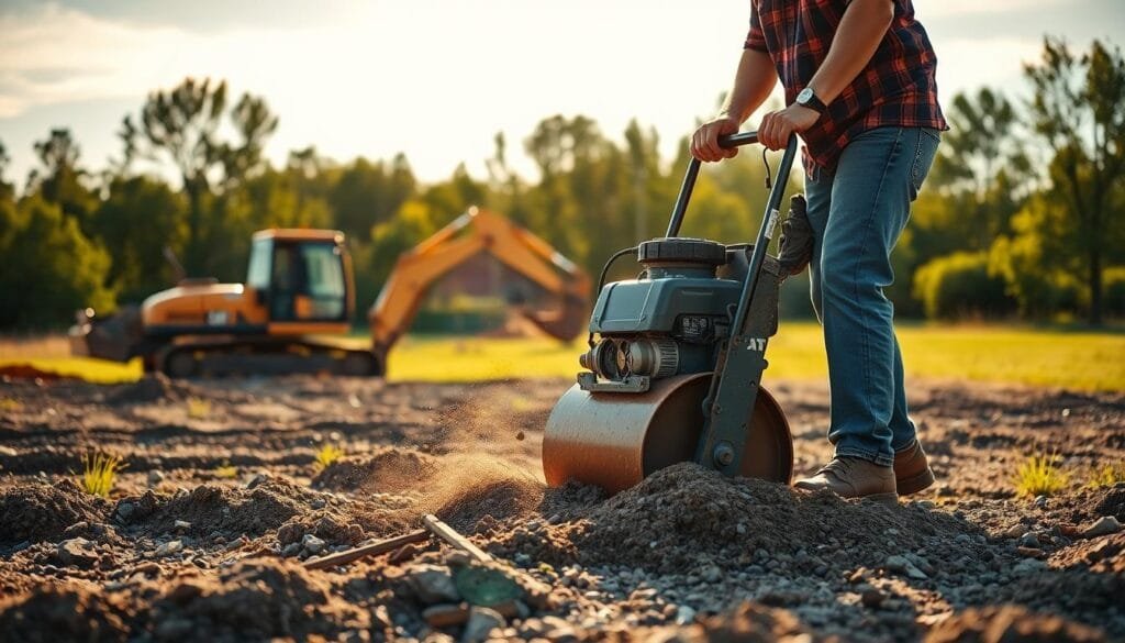 Detailed soil compaction techniques in a serene outdoor setting: A construction worker meticulously operating a plate compactor, compacting gravel and soil in an open field bathed in warm, directional sunlight. In the background, an excavator stands ready, while verdant trees and a cloudless sky create a calm, natural ambiance. The scene conveys the careful, technical process of soil preparation for a stable cabin foundation, with a focus on the specialized equipment and techniques involved.