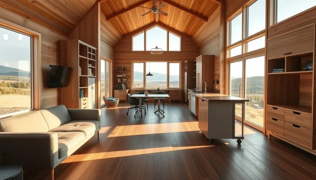 Detailed steps to customize a prefab cabin interior: In the foreground, an open floor plan with modular furniture - a sleek couch, an adjustable standing desk, and a movable kitchen counter. In the middle ground, various storage solutions like built-in shelves and rolling cabinets. In the background, large windows overlooking a scenic landscape, bathed in warm, natural lighting. The overall mood is one of minimalist sophistication and adaptability, allowing the owner to personalize their living space. The camera angle is a wide, three-quarter view to showcase the cabin's customization potential.