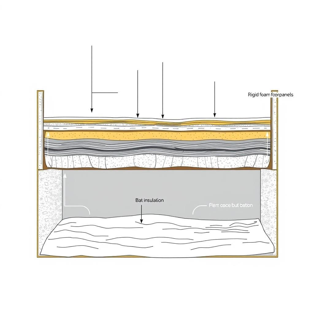 Detailed technical diagram of a crawl space foundation insulation system, with a clean and well-organized layout. Cutaway view showcasing the various insulation components, including rigid foam panels, batt insulation, and vapor barriers. Emphasis on the precise placement and layering of insulation materials to maximize thermal efficiency and prevent moisture issues. Rendered in a technical illustration style with muted colors, clean linework, and clear labels to aid in understanding the construction details. Camera angle positioned to provide a comprehensive overview of the foundation insulation setup, allowing the viewer to easily grasp the key design principles.