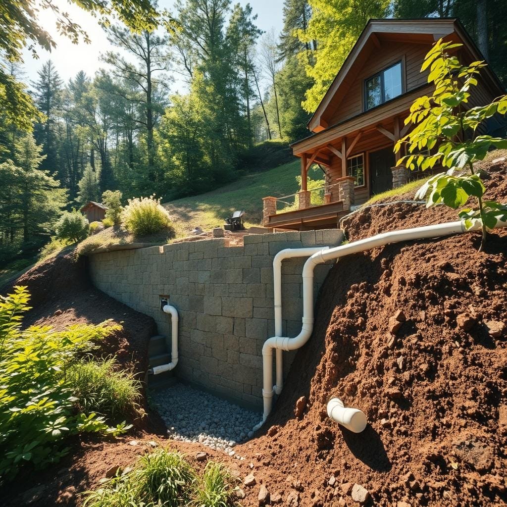 Detailed wide-angle view of a hillside cabin nestled in lush greenery, with a focus on the foundation and drainage system. A stone and mortar foundation extends into the sloping terrain, seamlessly integrated with a well-designed drainage network of PVC pipes, gravel, and earthen swales. Sunlight filters through the surrounding foliage, casting warm shadows and highlights across the scene. The overall mood is one of rugged durability and thoughtful engineering, emphasizing the cabin's ability to withstand the challenges of the sloped, moisture-rich environment. Detailed wide-angle view of a hillside cabin nestled in lush greenery, with a focus on the foundation and drainage system. A stone and mortar foundation extends into the sloping terrain, seamlessly integrated with a well-designed drainage network of PVC pipes, gravel, and earthen swales. Sunlight filters through the surrounding foliage, casting warm shadows and highlights across the scene. The overall mood is one of rugged durability and thoughtful engineering, emphasizing the cabin's ability to withstand the challenges of the sloped, moisture-rich environment.