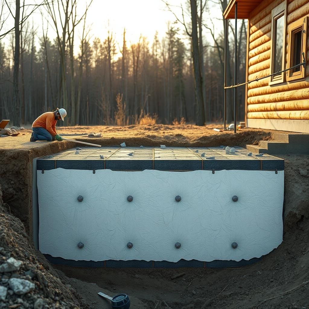 Exterior foundation insulation installation with rigid foam boards, showcasing a detailed cross-section of a full basement foundation. High-resolution, photorealistic image. In the foreground, workers carefully applying adhesive and securing rigid foam insulation panels to the foundation walls. Middle ground features a partially excavated site, exposing the poured concrete foundation. In the background, a wooded landscape with natural lighting filtering through the trees, creating a warm, earthy atmosphere. Technical details include a shallow depth of field, soft shadows, and subtle color grading to enhance the sense of depth and materiality. The overall scene conveys the importance of proper insulation techniques for maintaining a warm, energy-efficient cabin foundation.