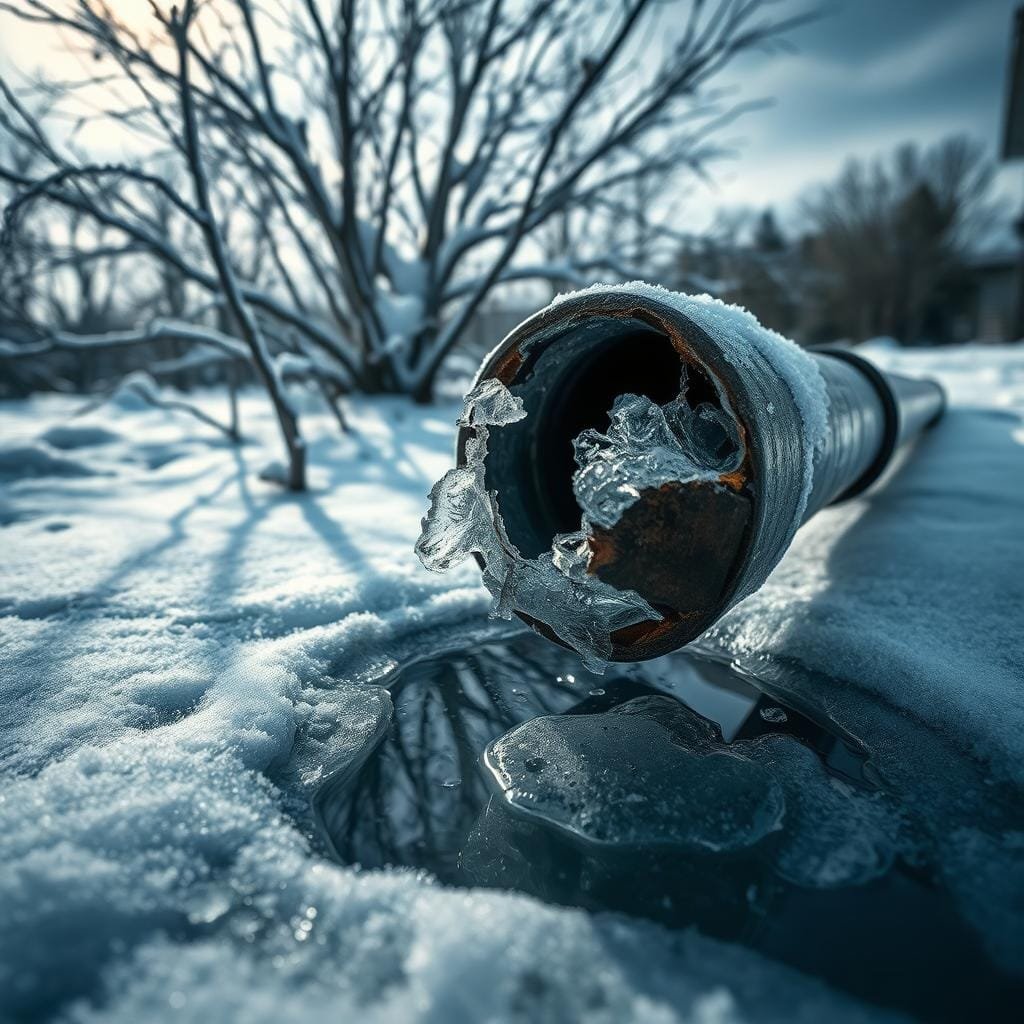 Frozen pipe damage risk: An icy winter scene with a burst water pipe, its cracked surface revealing the internal damage. The foreground shows the fractured, crystallized pipe against a backdrop of snow-covered branches and a bleak, overcast sky. The middle ground features a partially frozen puddle, reflecting the grim scene. The lighting is harsh, casting long shadows and emphasizing the frigid, dangerous atmosphere. The camera angle is low, drawing the viewer's attention to the precarious state of the plumbing system. The overall mood conveys the urgent need to prevent such catastrophic wintertime failures.