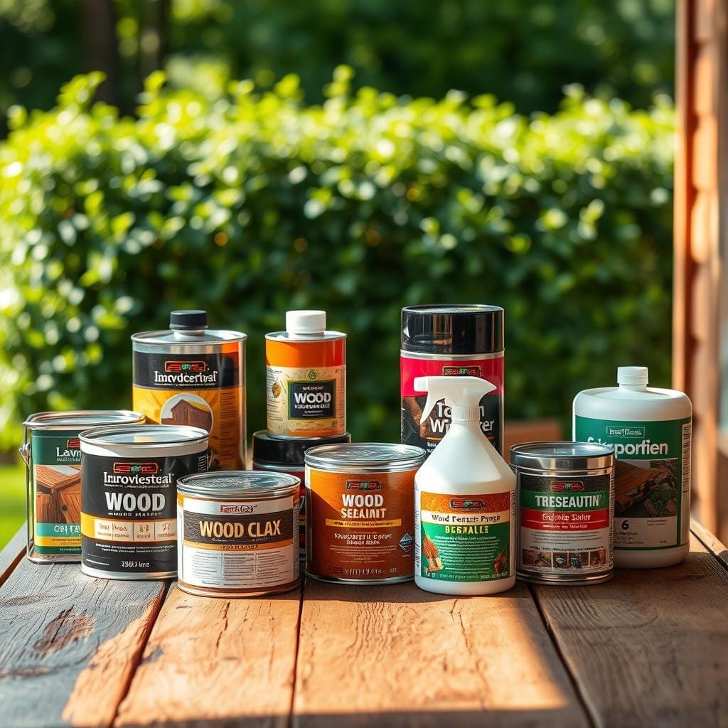 High-quality, detailed image of an assortment of innovative wood preservation products arranged on a rustic wooden table, with warm, natural lighting illuminating the scene from the side. The products include a variety of wood sealants, stains, and treatments in various containers and packaging, showcasing the diverse solutions available for protecting and maintaining wooden structures. The foreground features the products in focus, with a middle ground of a lush, green background suggesting a natural, outdoor setting. The overall atmosphere conveys a sense of craftsmanship, sustainability, and environmental responsibility in wood preservation.