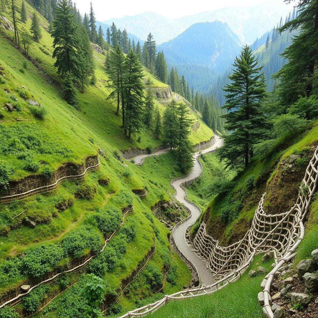 Lush, verdant mountainside with a steep, rugged terrain. In the foreground, intricate erosion control measures - woven gabion baskets, dense vegetation mats, and strategically placed rock formations, all working in harmony to stabilize the soil and prevent erosion. The middle ground features a meandering trail, gently winding through the landscape, its edges reinforced with sturdy retaining walls and drainage channels. Soft, diffused sunlight filters through the canopy of towering trees, casting a warm, natural glow over the scene. The background showcases the majestic peaks of the surrounding mountains, their slopes dotted with a patchwork of evergreen forests and rocky outcroppings. An atmosphere of tranquility and environmental balance pervades the entire composition.