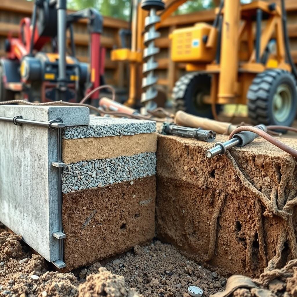 Pier foundation soil bearing capacity installation: a cross-sectional view of a concrete pier foundation, with a detailed focus on the soil conditions below. The foreground depicts the pier's rebar reinforcement and concrete structure, seamlessly transitioning to the middle ground where the soil layers are visible, including gravel, sand, and compacted earth. The background showcases the machinery and tools used for soil testing and foundation installation, such as a soil auger and a hydraulic press. The lighting is natural, with soft shadows and highlights accentuating the textural details. The overall atmosphere conveys the technical expertise and precision required for this engineering task, setting the stage for the article's discussion of the best soil types for cabin foundations.
