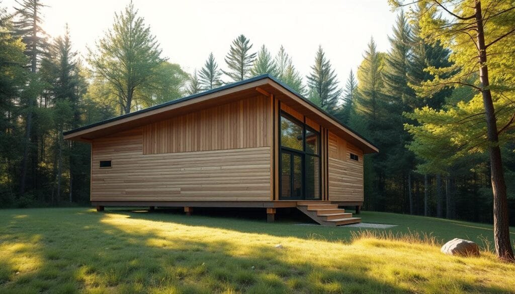 Pristine, minimalist factory-built cabin nestled in a verdant forest clearing, bathed in soft, warm afternoon sunlight filtering through the canopy. A sleek, modern design with large windows providing panoramic views of the natural surroundings. Wooden exterior seamlessly blends with the environment, accentuated by clean lines and a harmonious palette of earthy tones. Effortless integration of the cabin into the landscape, conveying a sense of tranquility and escape from the everyday. Precise craftsmanship and efficient construction methods showcase the advantages of prefabricated architecture in a picturesque wilderness setting.