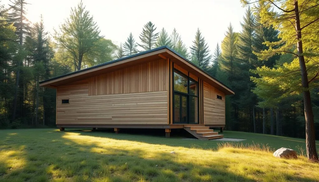 Pristine, minimalist factory-built cabin nestled in a verdant forest clearing, bathed in soft, warm afternoon sunlight filtering through the canopy. A sleek, modern design with large windows providing panoramic views of the natural surroundings. Wooden exterior seamlessly blends with the environment, accentuated by clean lines and a harmonious palette of earthy tones. Effortless integration of the cabin into the landscape, conveying a sense of tranquility and escape from the everyday. Precise craftsmanship and efficient construction methods showcase the advantages of prefabricated architecture in a picturesque wilderness setting.