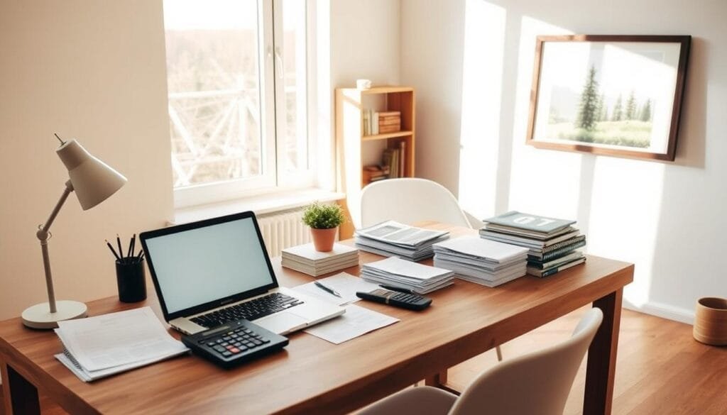 Prompt A minimalist home office setup, with a clean wooden desk, a laptop, a calculator, and various financial documents neatly organized. The room is bathed in warm, natural light from a large window, casting a cozy glow over the space. In the background, a simple bookshelf and a framed nature print on the wall, suggesting a peaceful, off-grid lifestyle. The overall atmosphere conveys a sense of careful financial planning and long-term sustainability.