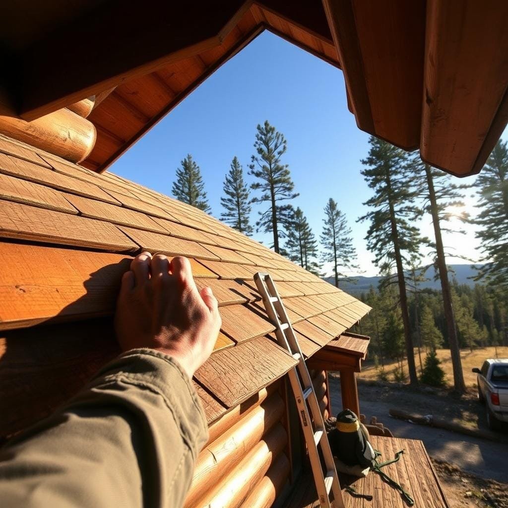 Prompt A well-maintained log cabin roof with neatly arranged wooden shingles, bathed in warm, golden afternoon sunlight. In the foreground, a close-up view of a weathered hand inspecting the condition of the shingles, checking for cracks, moss growth, or other signs of wear. In the middle ground, a ladder propped against the cabin's exterior, tools and supplies nearby, suggesting ongoing maintenance work. The background depicts a scenic, forested landscape, with towering pines and a clear, blue sky, creating a peaceful, rustic ambiance. The overall scene conveys a sense of careful stewardship and attention to preserving the integrity of the log cabin's roofing system. Prompt A well-maintained log cabin roof with neatly arranged wooden shingles, bathed in warm, golden afternoon sunlight. In the foreground, a close-up view of a weathered hand inspecting the condition of the shingles, checking for cracks, moss growth, or other signs of wear. In the middle ground, a ladder propped against the cabin's exterior, tools and supplies nearby, suggesting ongoing maintenance work. The background depicts a scenic, forested landscape, with towering pines and a clear, blue sky, creating a peaceful, rustic ambiance. The overall scene conveys a sense of careful stewardship and attention to preserving the integrity of the log cabin's roofing system.