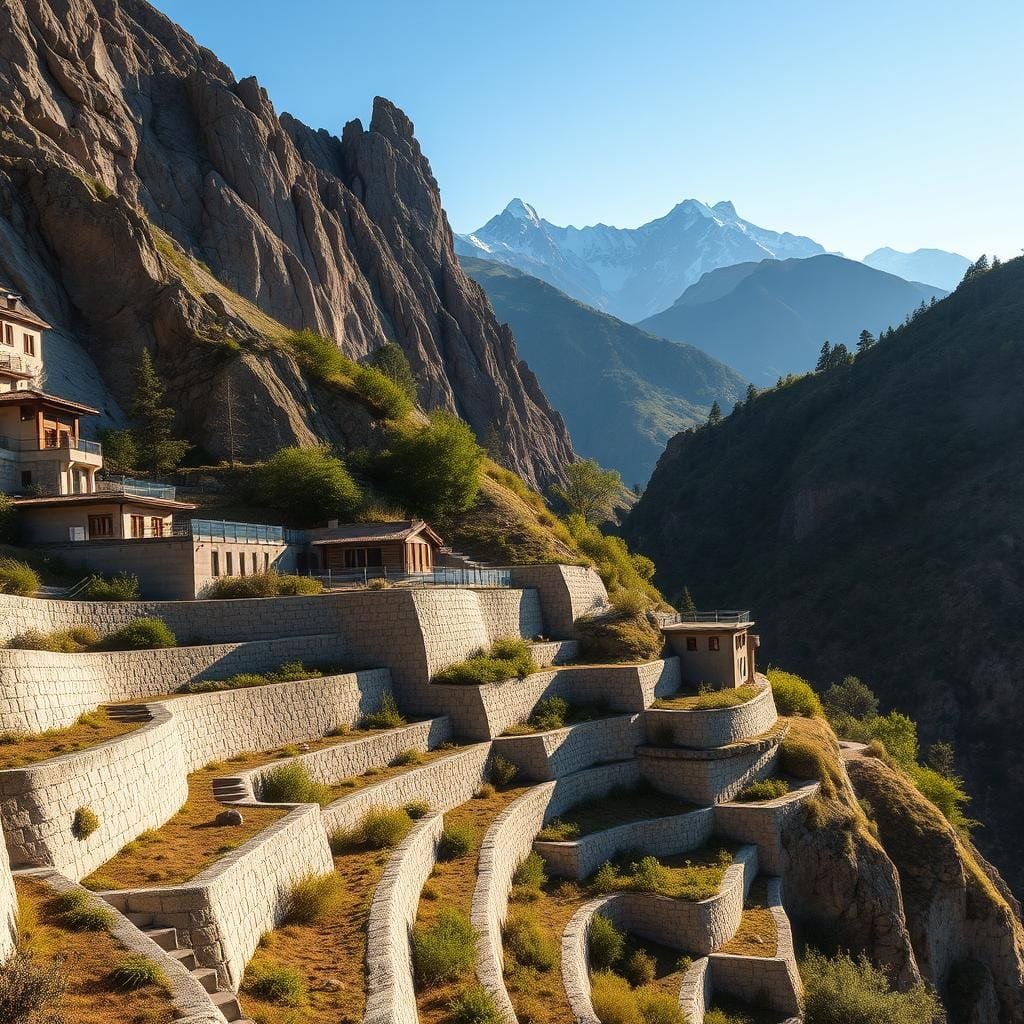 Retaining walls nestled against a rugged mountainside, their sturdy concrete and stone forms blending seamlessly with the natural terrain. In the foreground, a series of terraced walls capture the sloping hillside, creating stable platforms for residential structures. Warm, diffused sunlight filters through the scene, casting soft shadows that accentuate the textural details of the walls. The middle ground reveals lush, verdant vegetation cascading down the slopes, while the distant background is dominated by towering, snow-capped peaks silhouetted against a clear, azure sky. The overall composition conveys a sense of harmonious integration between human engineering and the untamed beauty of the mountain landscape. Retaining walls nestled against a rugged mountainside, their sturdy concrete and stone forms blending seamlessly with the natural terrain. In the foreground, a series of terraced walls capture the sloping hillside, creating stable platforms for residential structures. Warm, diffused sunlight filters through the scene, casting soft shadows that accentuate the textural details of the walls. The middle ground reveals lush, verdant vegetation cascading down the slopes, while the distant background is dominated by towering, snow-capped peaks silhouetted against a clear, azure sky. The overall composition conveys a sense of harmonious integration between human engineering and the untamed beauty of the mountain landscape.