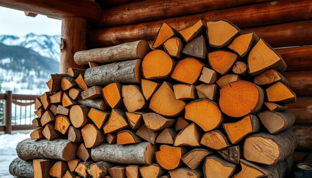Seasoned firewood stacked in a rustic cabin setting, illuminated by warm, natural lighting. Sturdy logs of varying sizes and hues of brown, gray, and orange are neatly arranged, ready to fuel the cozy fireplace. The stacked wood creates a visually pleasing, geometric pattern, complementing the cabin's rustic charm. In the background, a glimpse of a snow-capped mountain range adds to the serene, wilderness atmosphere. The scene conveys a sense of preparedness, comfort, and the simple pleasures of cabin living.