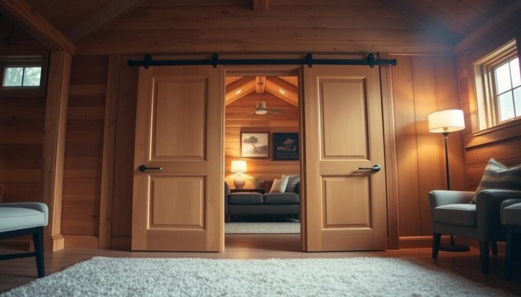 Soundproof doors installation in a cozy cabin interior. A well-lit, warm-toned room with natural wood accents and a plush rug. In the foreground, a set of thick, sound-insulating doors with a sleek, modern design blend seamlessly into the cabin's rustic aesthetic. Soft diffused lighting from windows on the sides casts a gentle glow, creating an atmosphere of tranquility and relaxation. The middle ground features minimal decor, allowing the focus to remain on the expertly installed soundproof doors. In the background, a glimpse of a cozy seating area suggests the cabin's overall comfortable and inviting ambiance.
