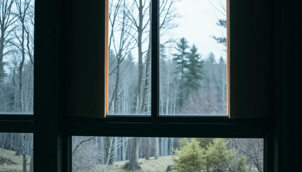 Soundproof windows with dense acoustic panels, framed in a modern industrial style. Thick glass panes sit flush within steel mullions, creating a sleek, minimalist facade. The panels are composed of sound-absorbing materials like fiberglass or mineral wool, textured to maximize surface area. Warm lighting from concealed sources casts a soft glow, creating an inviting, serene ambiance. The windows are positioned to offer unobstructed views of a secluded, wooded landscape beyond, enhancing the tranquil retreat-like atmosphere.