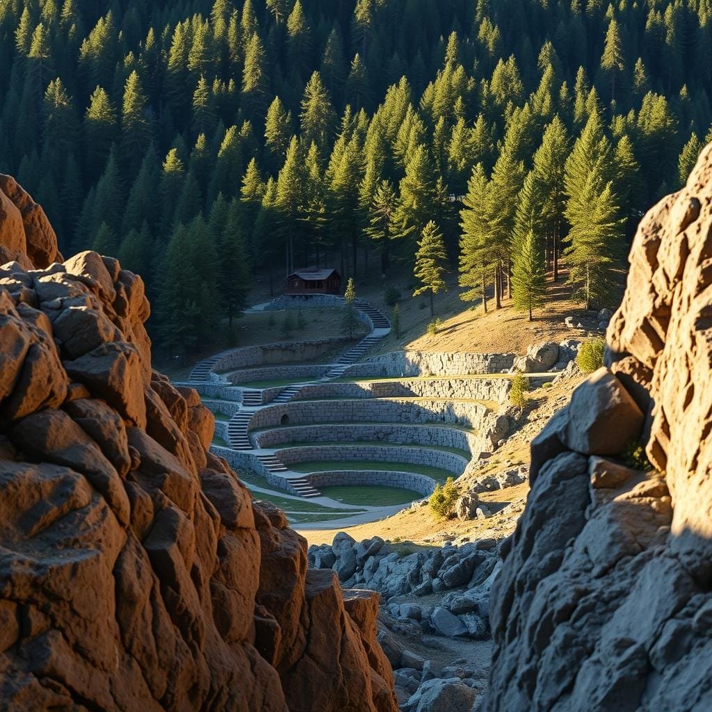 Steep mountain terrain, a rugged canvas for a cabin's site grading. Dramatic rocky outcrops frame the foreground, their jagged edges bathed in warm afternoon light. In the middle ground, a carefully planned network of retaining walls and stepped terraces carve out a level building platform, seamlessly blending with the natural contours. Lush evergreen trees rise in the background, their verdant canopy casting dappled shadows across the scene. The composition is balanced, with a sense of depth and scale that conveys the challenges of constructing a dwelling amidst such dramatic topography. Subtle details, like the textured stone work and the meandering pathways, add depth and realism to this meticulously crafted cabin site.