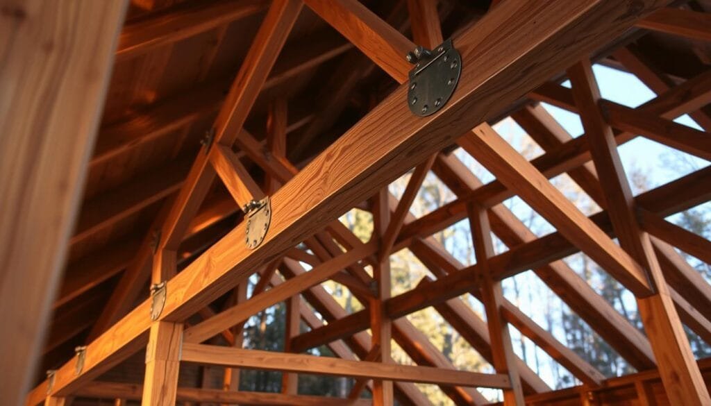 Structural bracing components for cabin roof frame, bathed in warm lighting, captured from a low angle. In the foreground, sturdy wooden beams intersect at precise angles, forming a complex lattice that supports the roof structure. Intricate metal connectors and brackets secure the joints, their metallic surfaces gleaming. In the middle ground, the framing timbers extend outward, creating a sense of depth and volume. The background fades into a softly diffused, natural setting, hinting at the rustic charm of the cabin's exterior. The overall scene conveys the strength, craftsmanship, and attention to detail required for constructing a durable and well-braced roof frame.