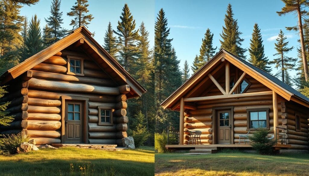 Vivid scene of a rustic cabin surrounded by lush forestry. On the left, a DIY cabin with rough-hewn logs, uneven chinking, and a homespun charm. On the right, a professional-grade cabin with precision-cut timbers, expertly fitted joints, and a polished, high-quality finish. Soft, warm lighting casts a cozy glow, while the background features a backdrop of towering pines and a clear, azure sky. The contrast between the two constructions creates a compelling comparison, highlighting the differences in craftsmanship, attention to detail, and overall aesthetic appeal. Realistic, photorealistic style, high resolution.