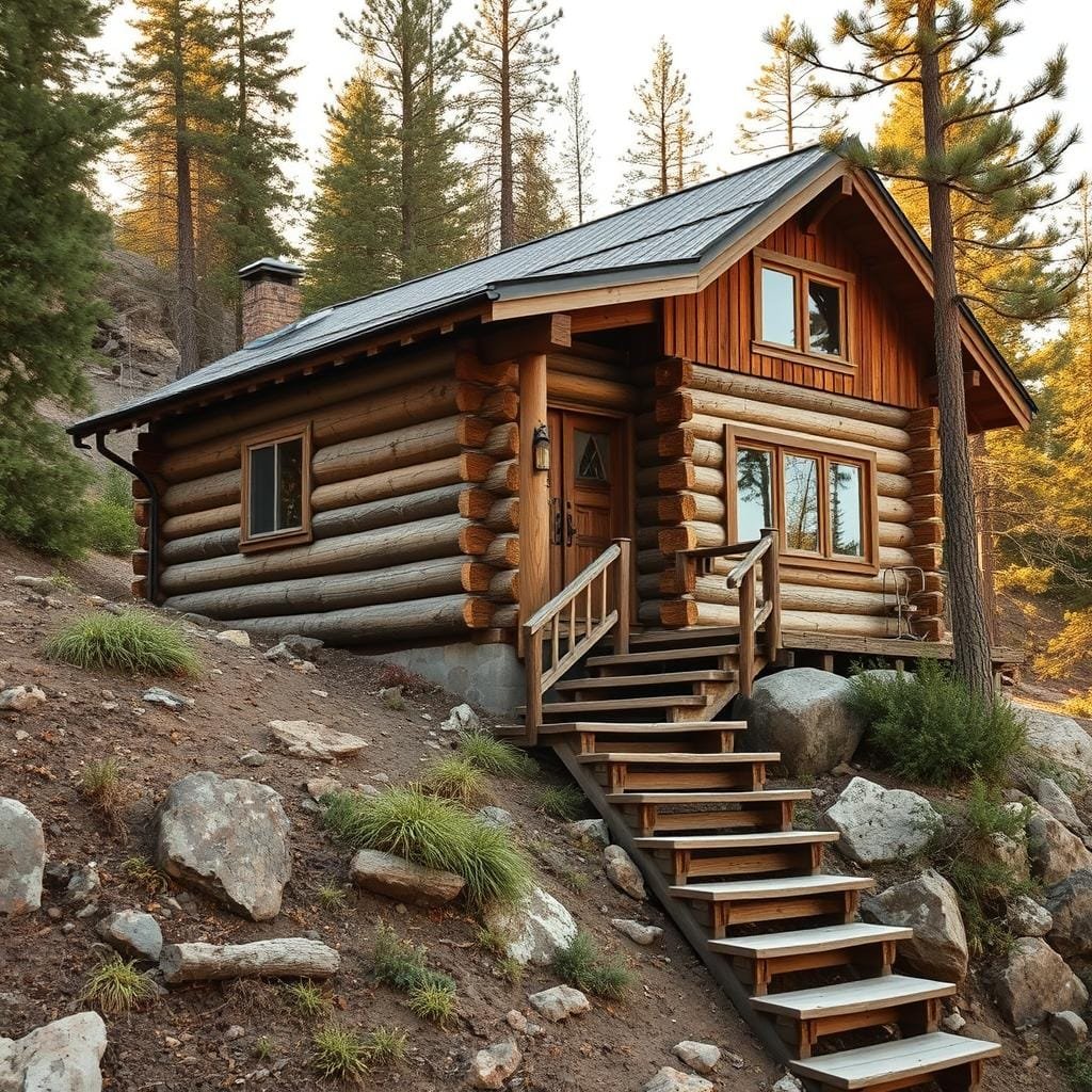 Weathered log cabin nestled on a forested slope, exterior walls fortified with sturdy wooden panels and insulation. Durable roofing material shields against rain and snow, while strategic window placements allow natural light to filter in. Earthen-toned color palette blends seamlessly with the surrounding landscape. Rugged wooden steps lead up to the cabin's entrance, flanked by native plants and rocks that help anchor the structure to the sloping terrain. Soft afternoon light filters through the trees, casting warm shadows across the cabin's weathered facade. An air of rustic resilience permeates the scene, reflecting the cabin's ability to withstand the elements of its remote, mountainous setting. Weathered log cabin nestled on a forested slope, exterior walls fortified with sturdy wooden panels and insulation. Durable roofing material shields against rain and snow, while strategic window placements allow natural light to filter in. Earthen-toned color palette blends seamlessly with the surrounding landscape. Rugged wooden steps lead up to the cabin's entrance, flanked by native plants and rocks that help anchor the structure to the sloping terrain. Soft afternoon light filters through the trees, casting warm shadows across the cabin's weathered facade. An air of rustic resilience permeates the scene, reflecting the cabin's ability to withstand the elements of its remote, mountainous setting.