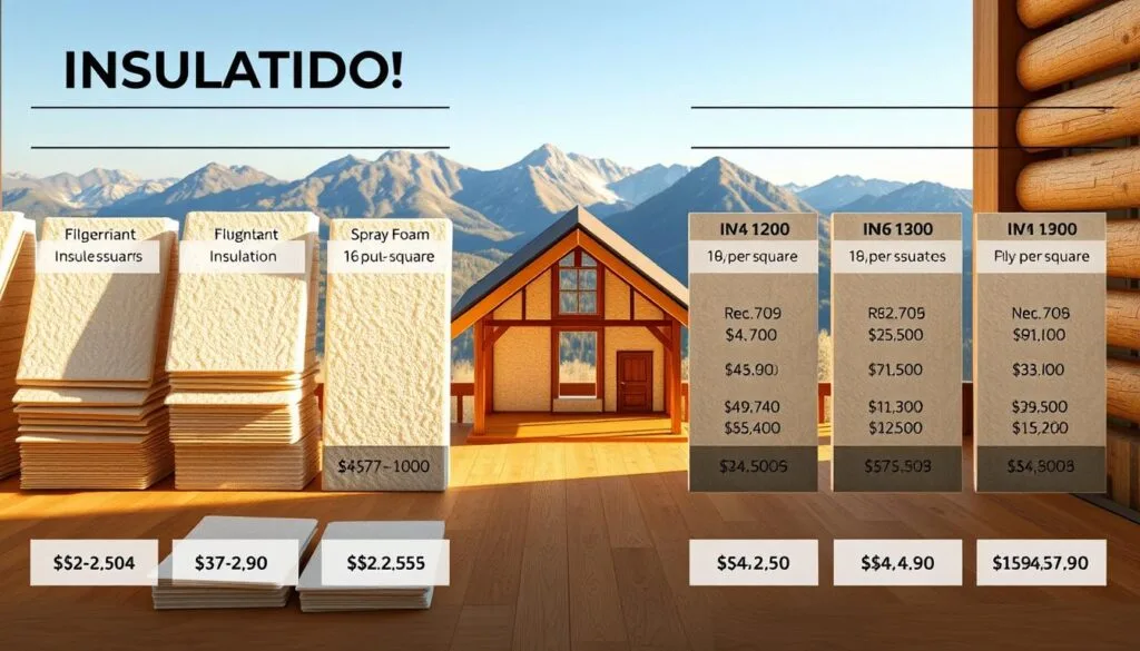 a detailed comparison of insulation cost estimates for a rustic mountain cabin project, showcasing various insulation materials side-by-side in a clean, infographic-style layout. The foreground features neatly organized swatches of different insulation types, such as fiberglass, spray foam, and rigid foam boards, with clear labels denoting their respective R-values and price-per-square-foot. The middle ground depicts an isometric view of the cabin itself, with semi-transparent walls revealing the insulation placement. The background is a serene mountain landscape, conveying the natural setting of the cabin project. Warm, neutral lighting casts subtle shadows, enhancing the informative and practical nature of the visualization. The overall mood is one of thoughtful planning and budgetary consideration for an efficient, high-performance cabin build.