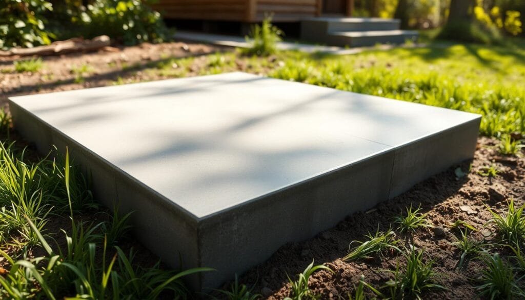 a detailed, realistic image of a concrete slab foundation for a cabin, featuring a smooth, flat surface with a slightly textured concrete finish. the foundation is set in a natural outdoor environment, with lush green grass and foliage in the foreground and background. the slab is slightly elevated, casting subtle shadows on the ground beneath. the lighting is natural and soft, creating a warm, inviting atmosphere. the perspective is slightly angled, providing a clear view of the foundation's dimensions and construction details, such as the reinforcing steel and expansion joints. the overall scene conveys a sense of stability, durability, and integration with the surrounding landscape.