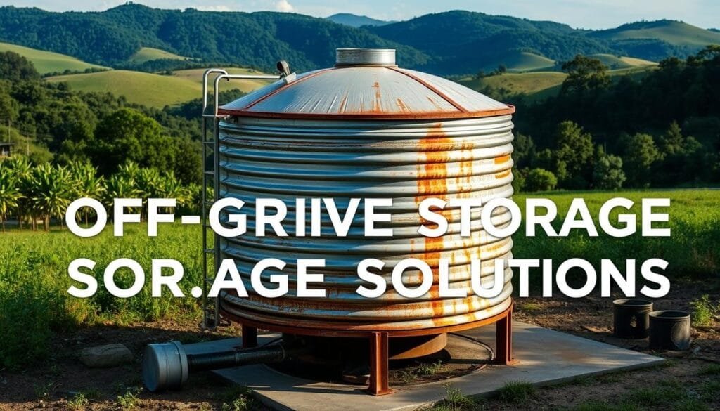 a large metal water storage tank situated in a rural, off-grid setting, surrounded by lush greenery and rolling hills in the distance. The tank is cylindrical in shape, with a domed top and a sturdy metal frame supporting it. The surface of the tank has a weathered, industrial appearance, with a combination of silver, rust, and other subtle hues. The tank is positioned on a concrete pad, with a pipe running from the base, suggesting a connection to a water distribution system. The lighting is natural, creating soft shadows and highlights that accentuate the tank's rugged, utilitarian design. The overall scene conveys a sense of self-sufficiency and resourcefulness, fitting the theme of "Off-Grid Water Storage Solutions".