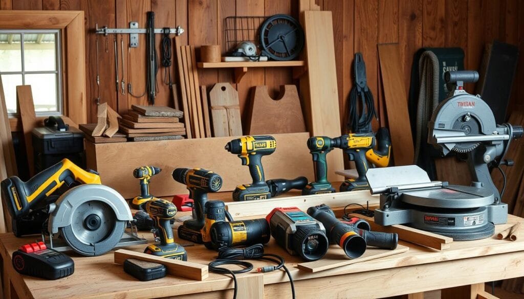 a workshop full of essential power tools for cabin building, including a circular saw, cordless drill, impact driver, jigsaw, orbital sander, and miter saw, all neatly arranged on a workbench against a background of rustic wooden walls, creating a cozy and functional atmosphere for the aspiring cabin builder