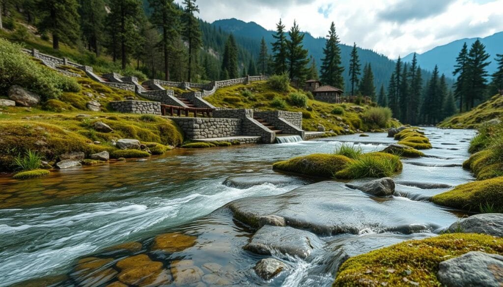 high detailed photorealistic image of a natural spring water collection system, with a clear flowing stream in the foreground, surrounded by lush green vegetation and moss-covered rocks. In the middle ground, a well-engineered set of stone and wooden structures channel the spring water into a series of connected basins and aqueducts. The background features a scenic mountainous landscape with tall pine trees and a partially overcast sky, casting soft, diffused lighting across the entire scene. The overall atmosphere conveys a sense of tranquility, sustainability, and harmony between natural and human-made elements.