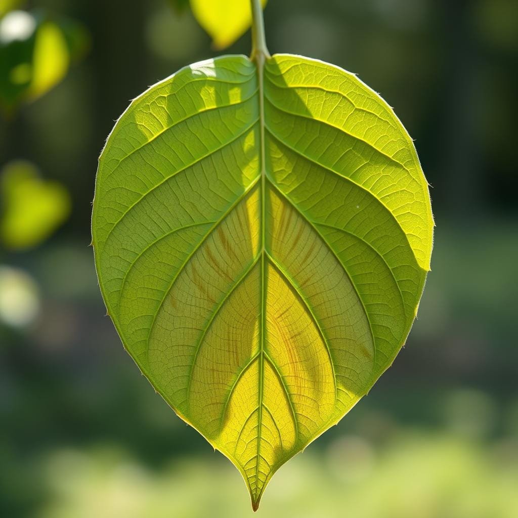 high resolution, detailed, photorealistic image of a green leaf with a wood grain pattern, representing sustainable wood certification, in soft natural lighting, centered composition, blurred natural background