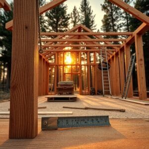 Half-built wood frame cabin in a sunlit forest clearing, with tools and materials scattered on saw-dusted decking.