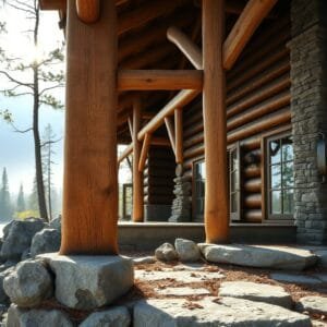 A timber-frame cabin on a rocky lakeshore, showcasing oak joinery, with a misty forest and mountains in the background.