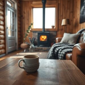 Warm minimalist interior design featuring a sunlit cabin corner with a coffee table, lounge, and wood-burning stove.