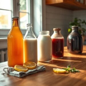 Five probiotic drinks on a sunlit oak table, surrounded by lemon slices and mint, exuding a warm, nurturing ambiance.