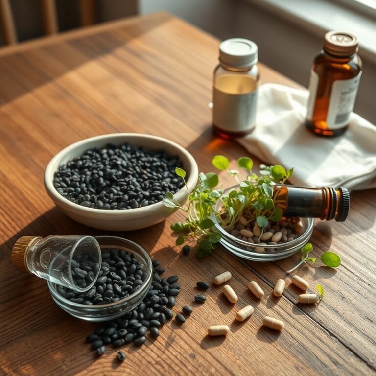 Close-up of a sunlit oak tabletop featuring seed probiotics: dark seeds, microgreens, and supplements in warm, earthy tones.