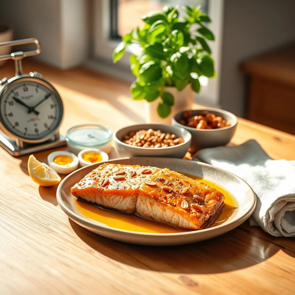 A sunlit spread of high protein foods for weight loss: salmon, yogurt, eggs, lentils, and a basil plant in the background.