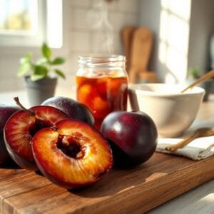 Close-up of ripe plums, a jar of compote, and yogurt, highlighting plum benefits in a warm, inviting kitchen scene.