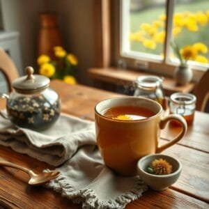 Close-up of dandelion tea benefits: steaming mug with dandelion flower, brass spoon, and blurred garden view.