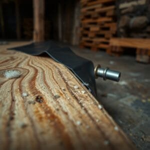 Close-up of a cabin beam edge with moisture barrier, showing decay signs; a cautionary reminder to prevent cellar wood rot.