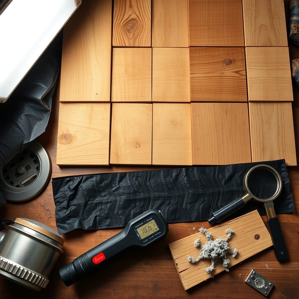 Treated wood samples and tools arranged to prevent cellar wood rot, featuring moisture barrier and ventilation components.
