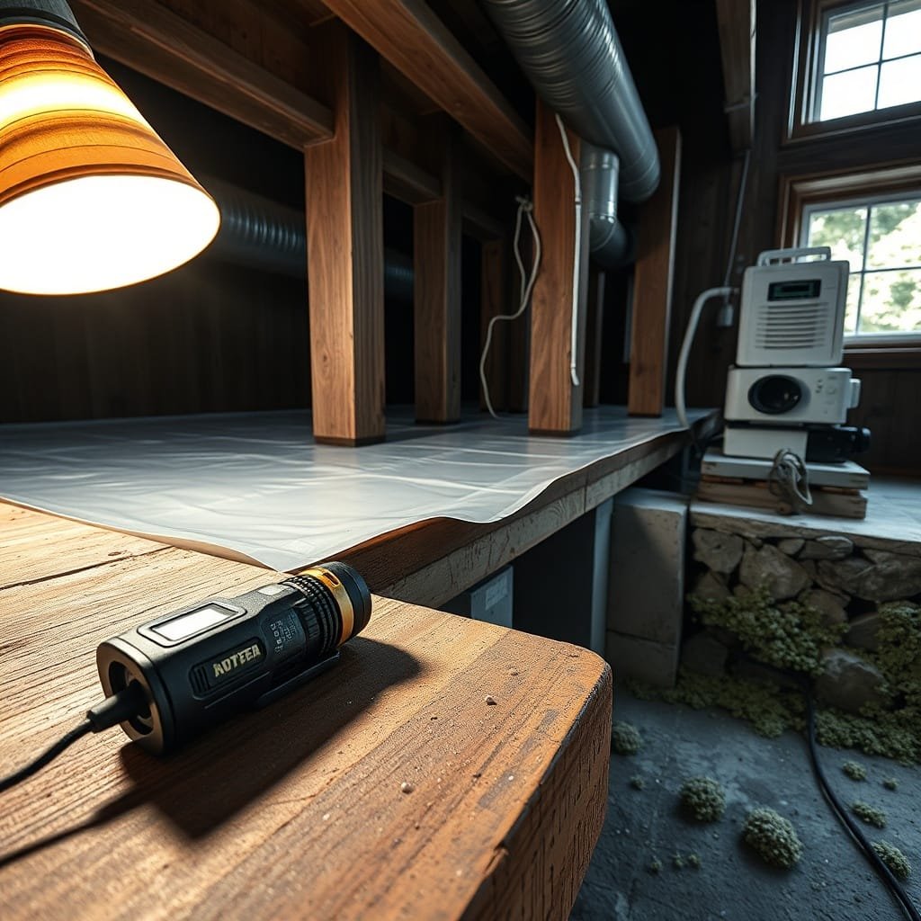 Raised floor joist above a moisture barrier, showcasing ventilation to prevent cellar wood rot; tools and beams in view.