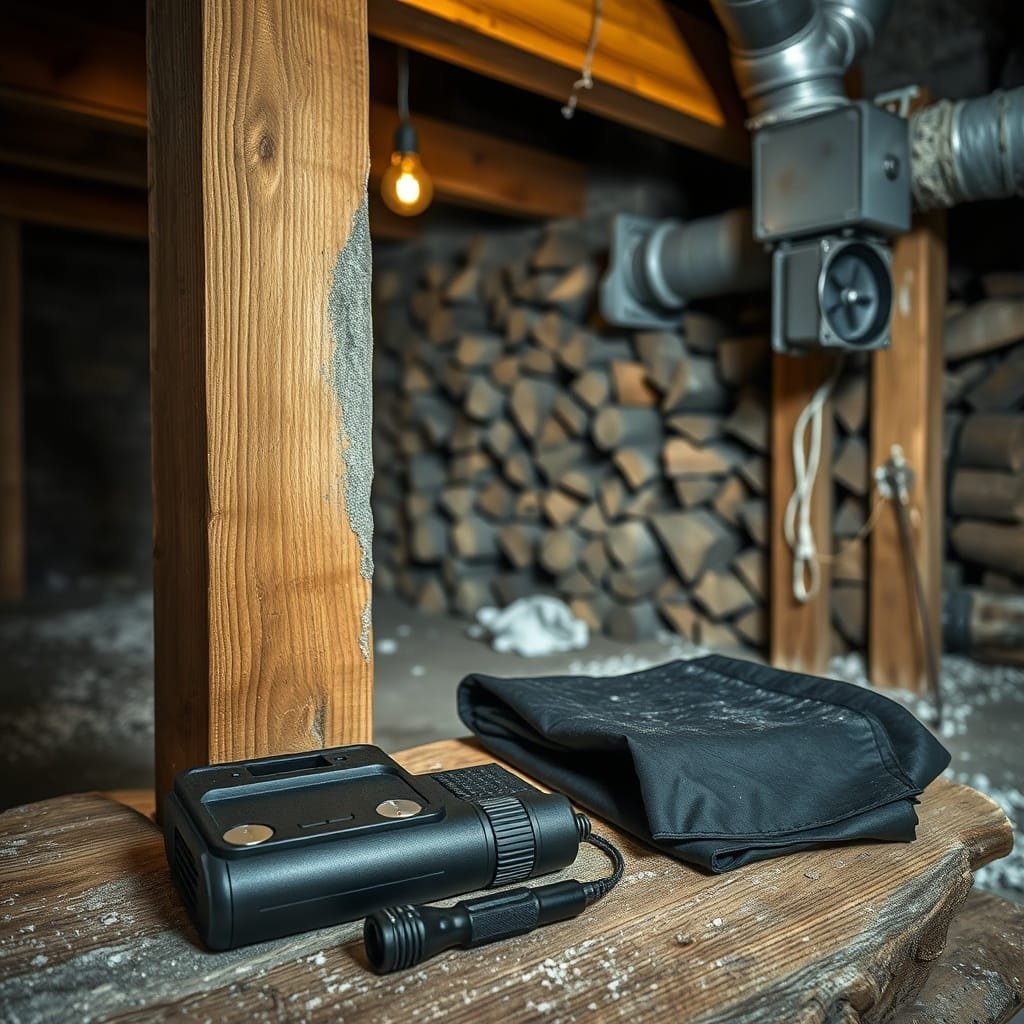 Treated oak beam with mold, inspection device, and ductwork in a dim cellar, highlighting measures to prevent cellar wood rot.
