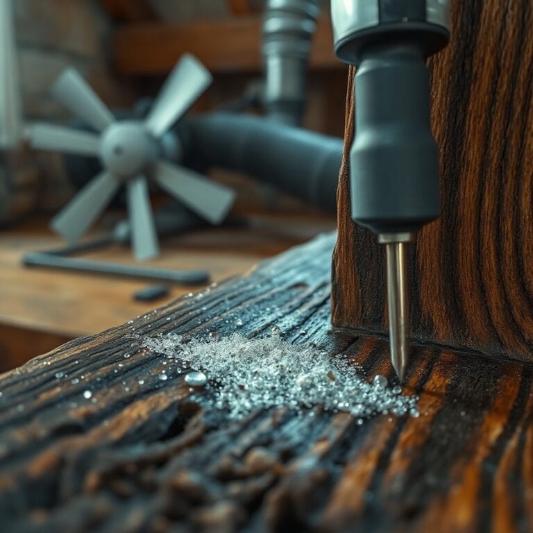 Macro shot of a moisture meter in an oak beam, highlighting cellar wet rot prevention with fungal growth and condensation.