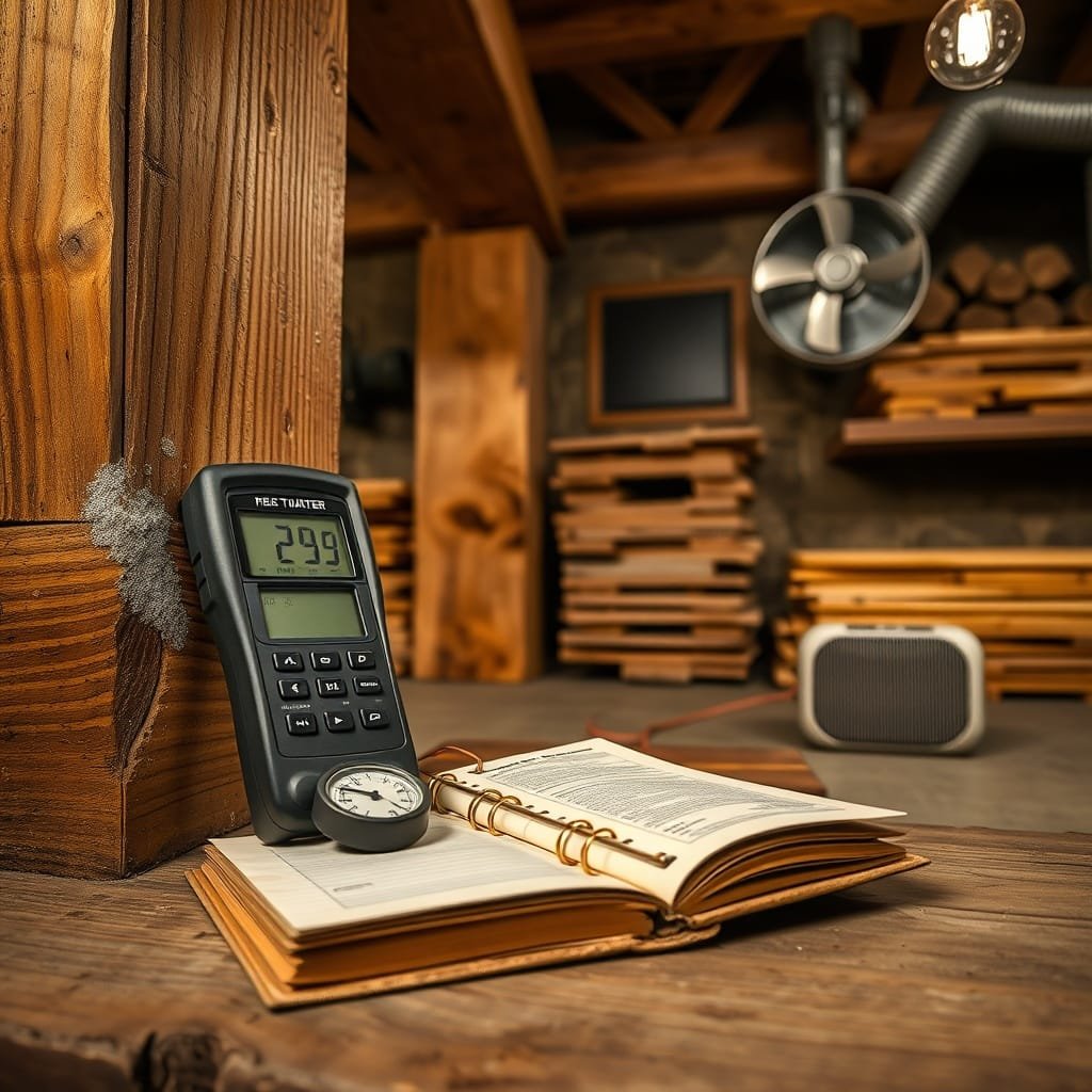 Rustic cellar wet rot prevention station with moisture meter, hygrometer, logbook, and signs of fungal growth on timber.